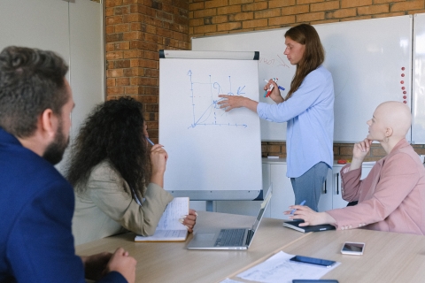 Person pointing to a flipchart while colleagues look on