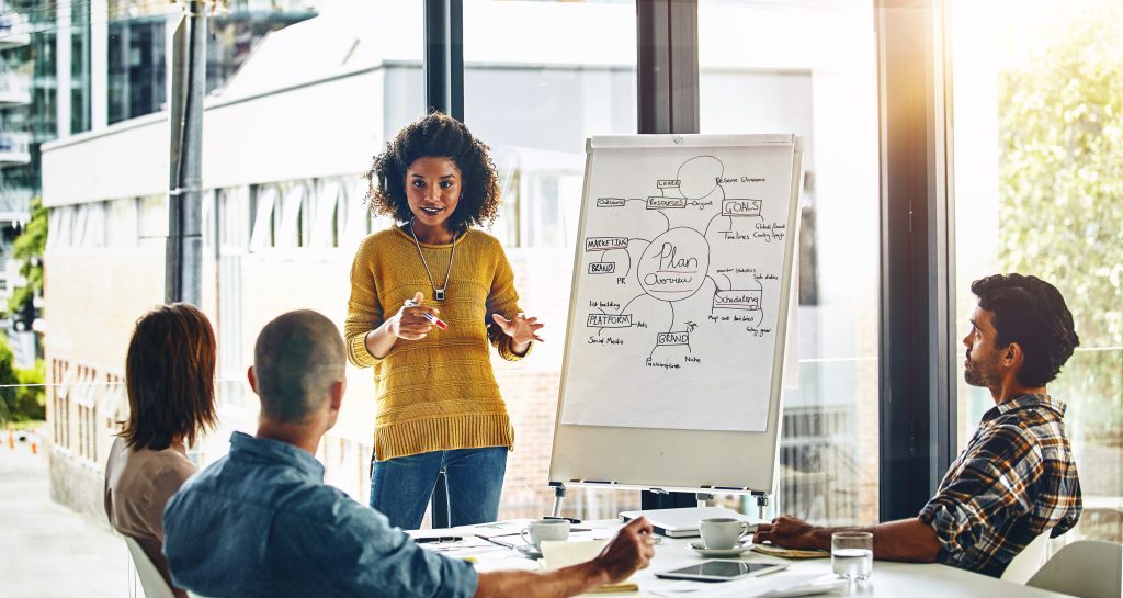 Meeting, planning and whiteboard with business woman speaking to staff in boardroom of office. Brainstorm, coaching and presentation with employee talking to team in workplace for upskill development.